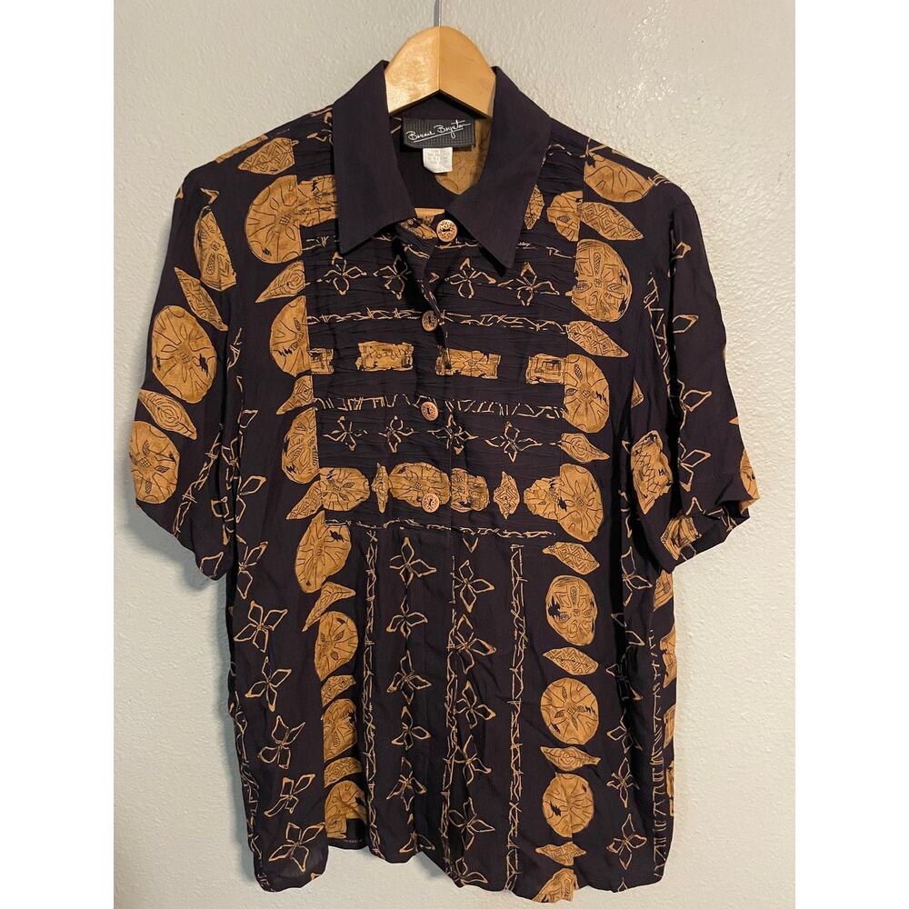 Vintage Bonnie Boynton Top Womens Small Black Brown Abstract Button Up Boho 90s
